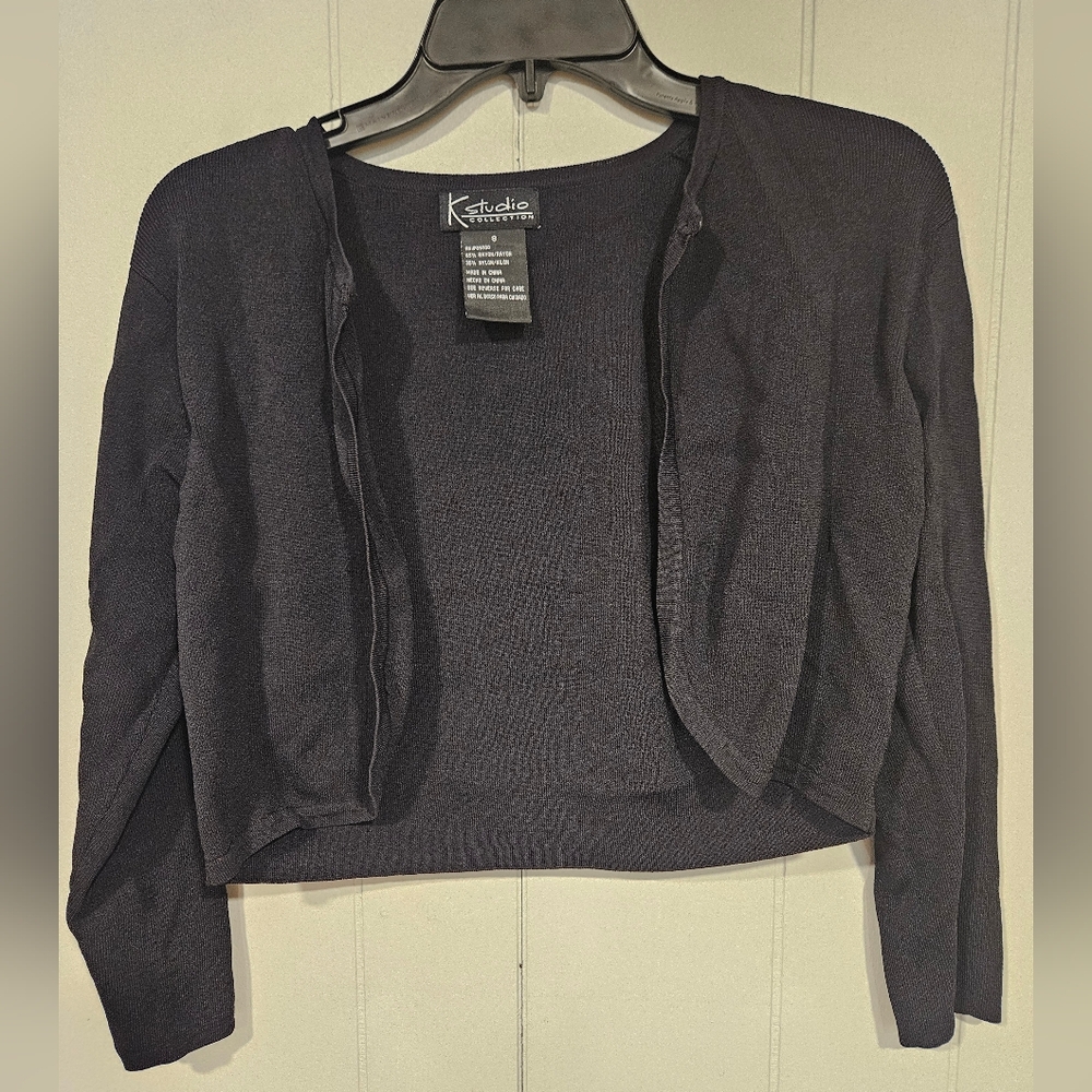 K Studio Collection Black Long Sleeve  Short Open Cardigan Top Size 8 Stretch